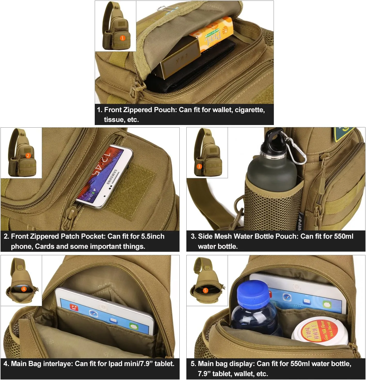 HUNTVP Small Tactical Sling Chest Pack Bag Molle Daypack Backpack Military Crossbody，Type1- ACU Camouflage