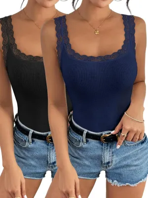 Ibeauti 2 Pack Lace Camisole Tank Tops for Women Sleeveless Summer Going Out Tops Ribbed Cami Undershirts
