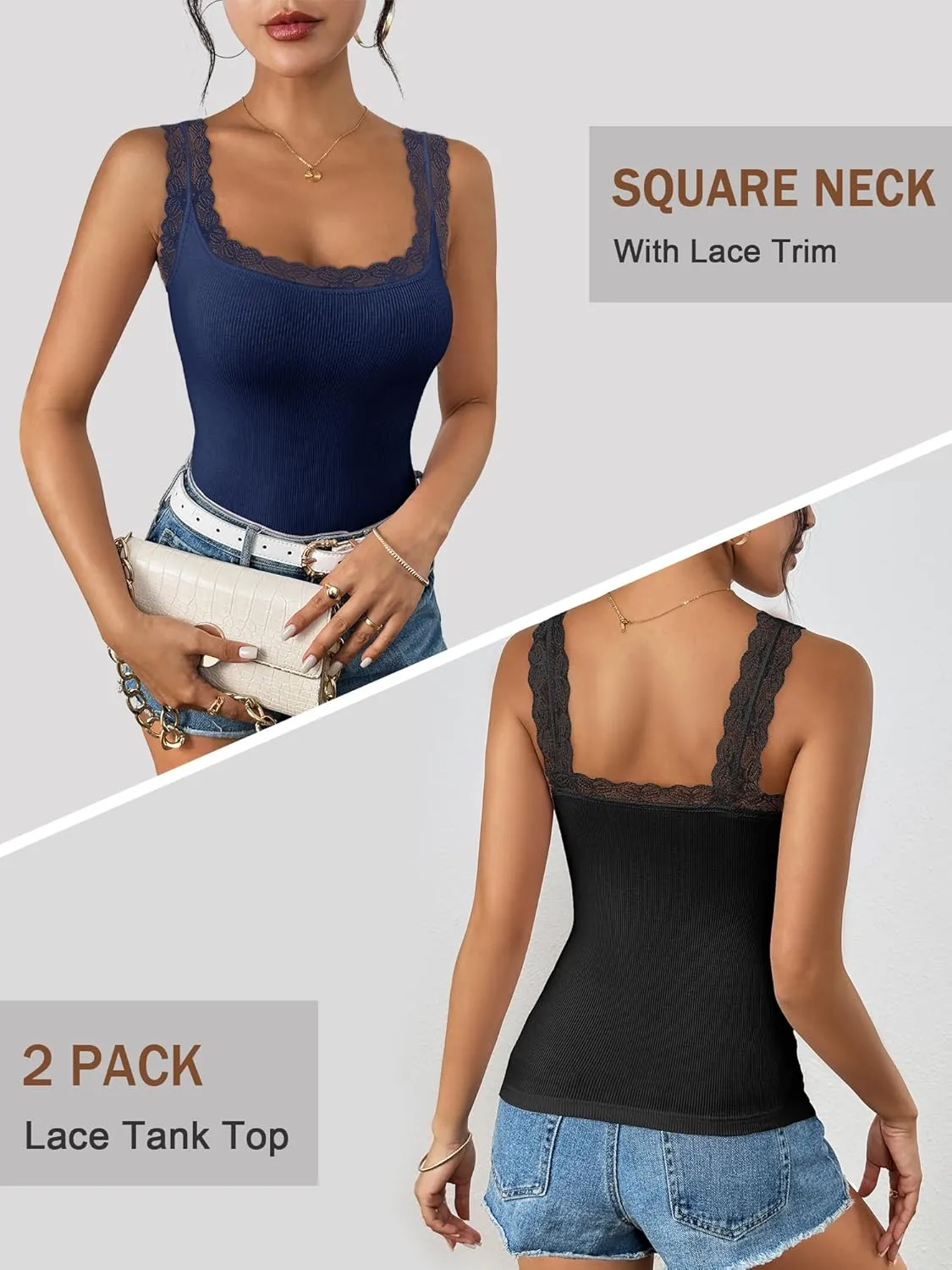 Ibeauti 2 Pack Lace Camisole Tank Tops for Women Sleeveless Summer Going Out Tops Ribbed Cami Undershirts