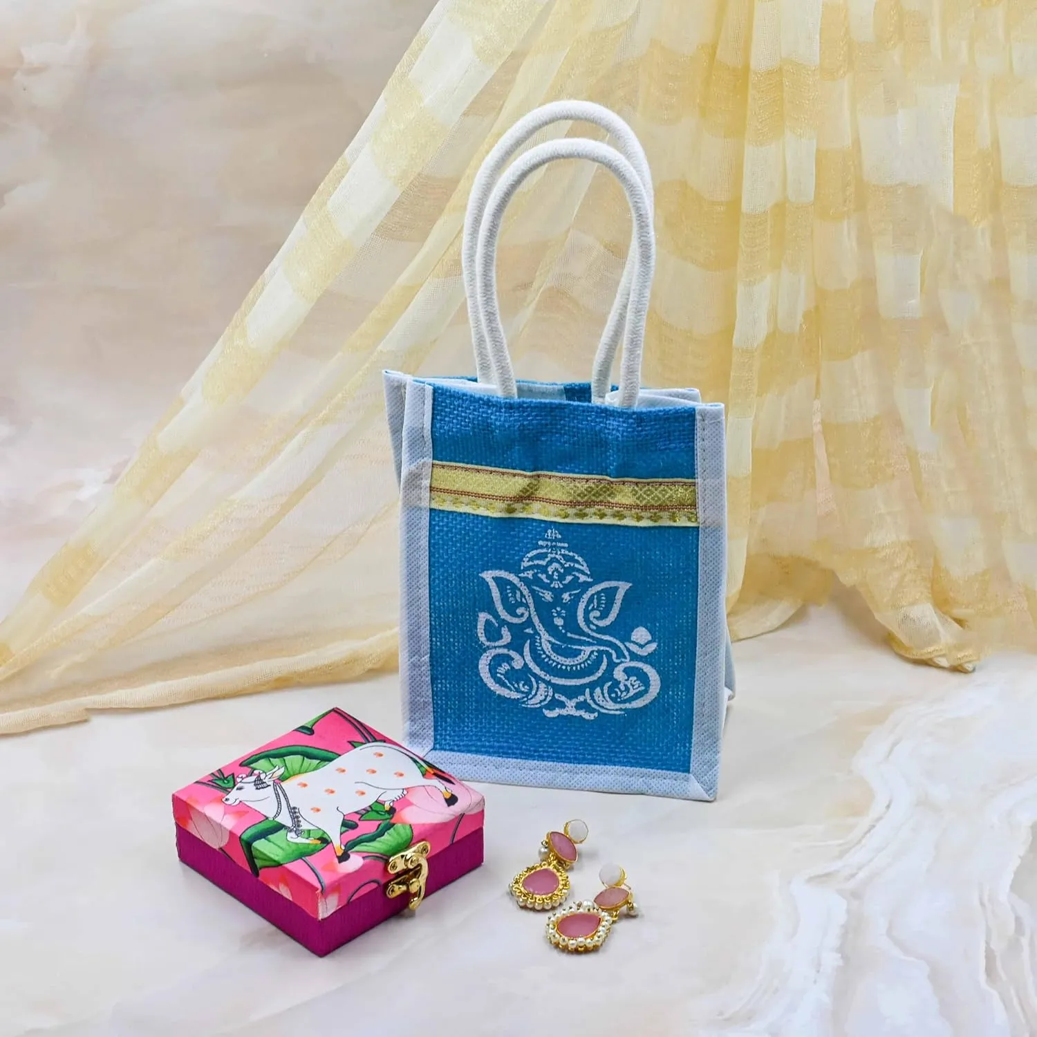 IGH Assorted Eco-Friendly Jute Bags with Ganesh and Kolam Print Burlap Bag/Thamboolam Bag, Reusable & Biodegradable Beach Bag