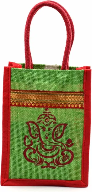 IGH Assorted Eco-Friendly Jute Bags with Ganesh and Kolam Print Burlap Bag/Thamboolam Bag, Reusable & Biodegradable Beach Bag