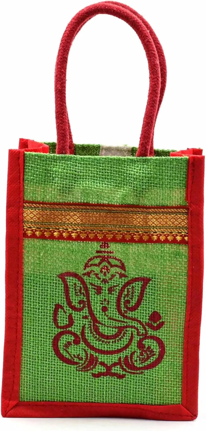 IGH Assorted Eco-Friendly Jute Bags with Ganesh and Kolam Print Burlap Bag/Thamboolam Bag, Reusable & Biodegradable Beach Bag