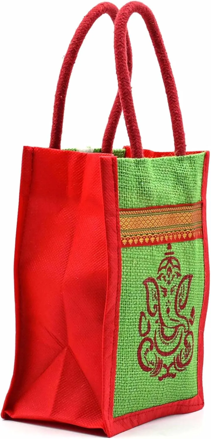 IGH Assorted Eco-Friendly Jute Bags with Ganesh and Kolam Print Burlap Bag/Thamboolam Bag, Reusable & Biodegradable Beach Bag