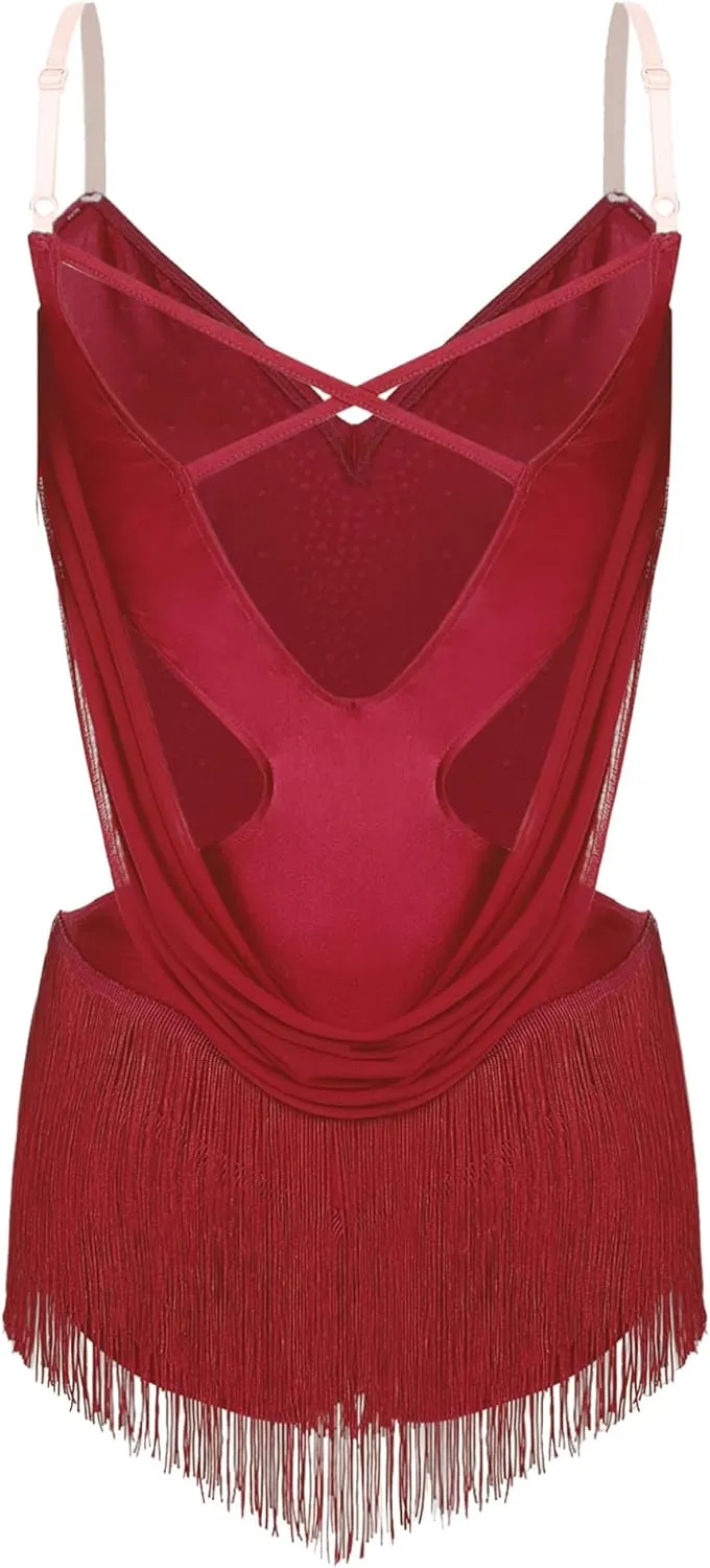 iiniim Women's Rhinestone Latin Dance Costume Ruched Mesh Tassel Samba Rumba Salsa Jazz Dance Bodysuit Top