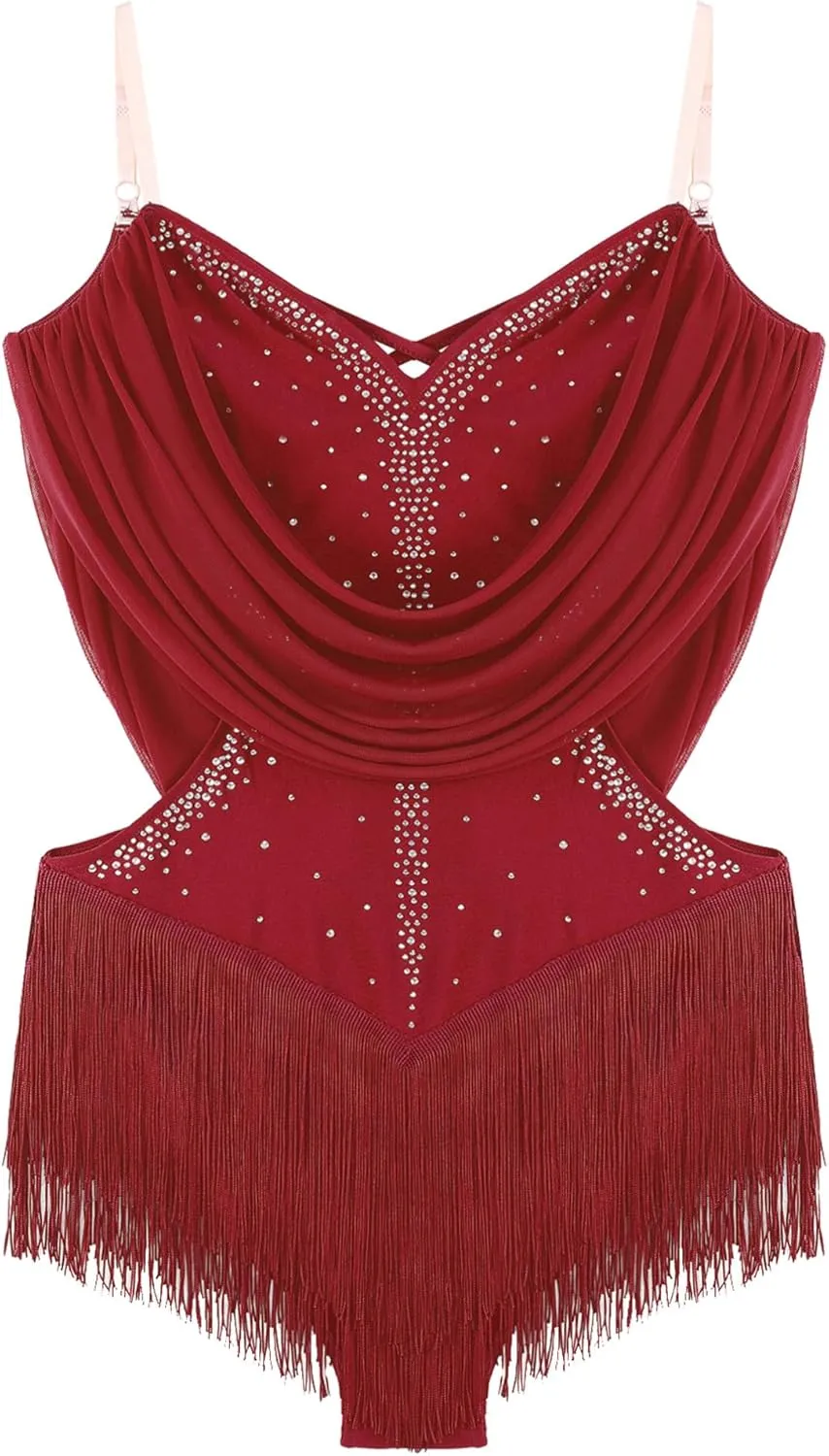 iiniim Women's Rhinestone Latin Dance Costume Ruched Mesh Tassel Samba Rumba Salsa Jazz Dance Bodysuit Top