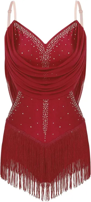 iiniim Women's Rhinestone Latin Dance Costume Ruched Mesh Tassel Samba Rumba Salsa Jazz Dance Bodysuit Top