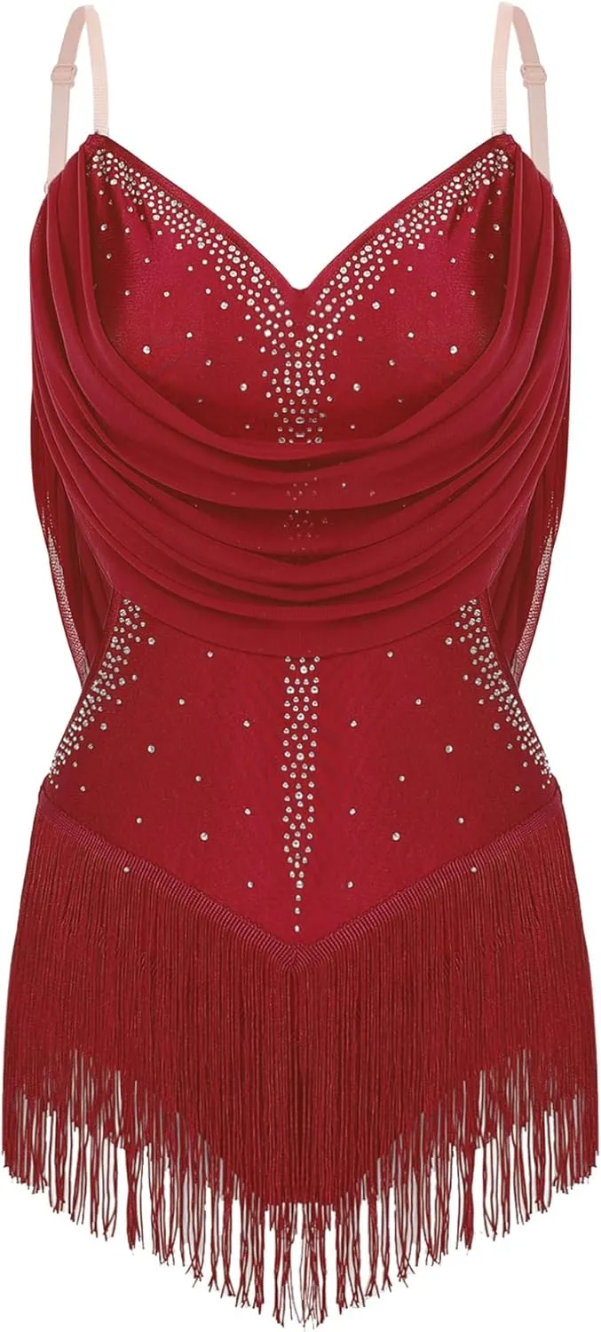 iiniim Women's Rhinestone Latin Dance Costume Ruched Mesh Tassel Samba Rumba Salsa Jazz Dance Bodysuit Top