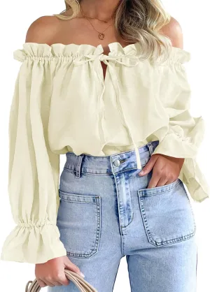 Imily Bela Womens Off The Shoulder Tops Puff Long Sleeve Tie Front Loose Fit Ruffle Shirts Blouses