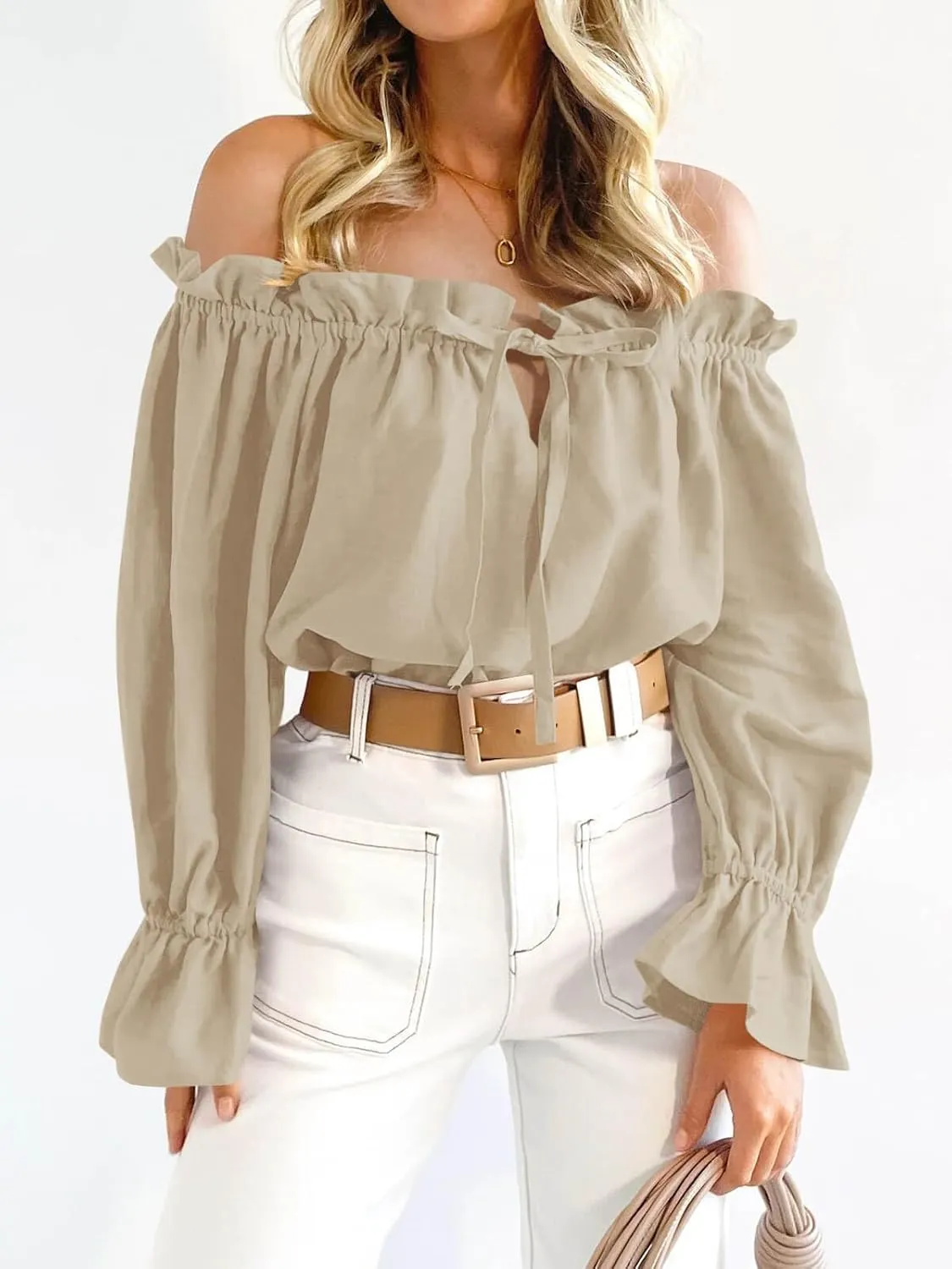 Imily Bela Womens Off The Shoulder Tops Puff Long Sleeve Tie Front Loose Fit Ruffle Shirts Blouses
