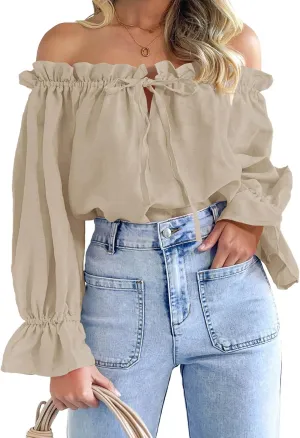 Imily Bela Womens Off The Shoulder Tops Puff Long Sleeve Tie Front Loose Fit Ruffle Shirts Blouses