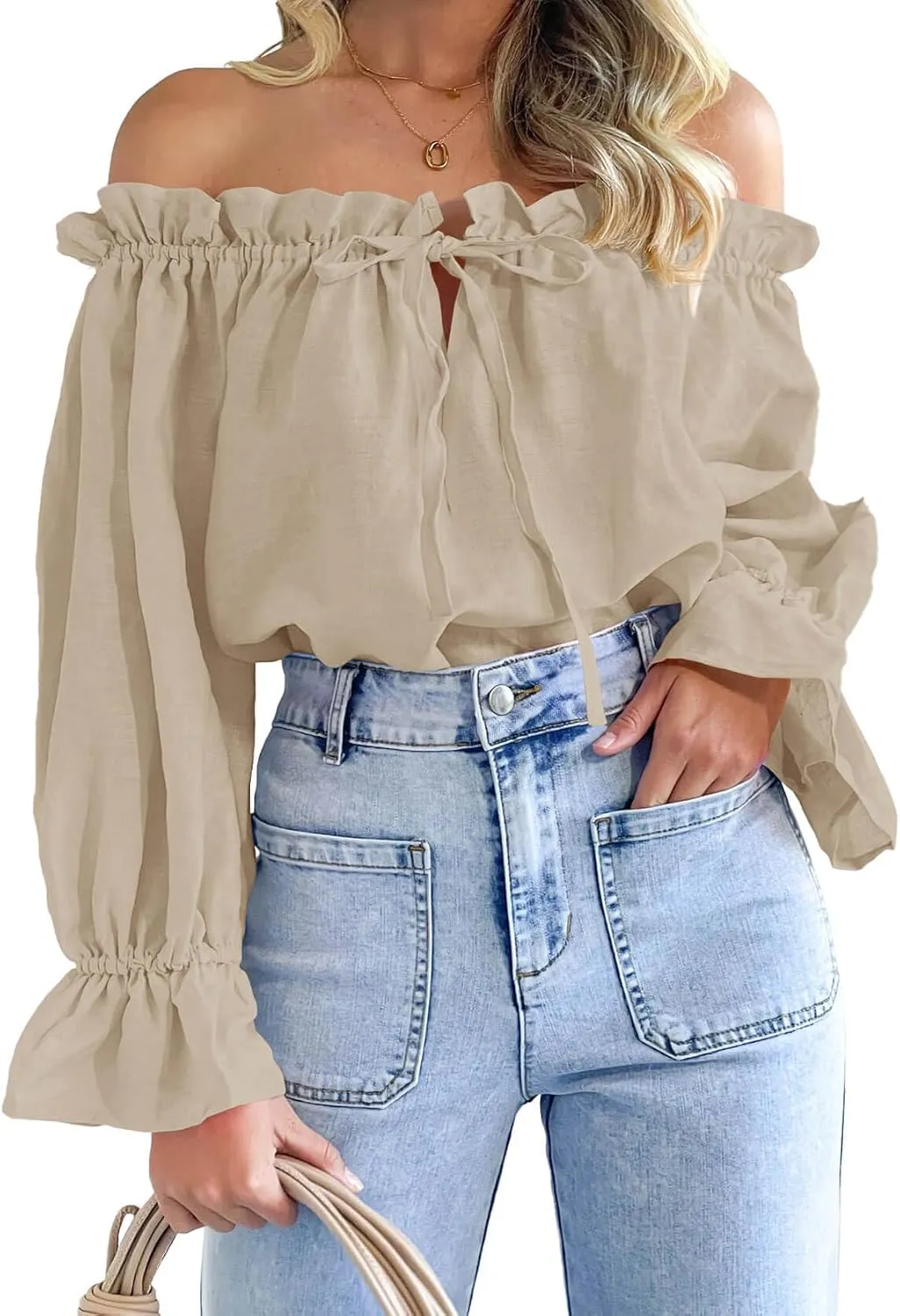 Imily Bela Womens Off The Shoulder Tops Puff Long Sleeve Tie Front Loose Fit Ruffle Shirts Blouses
