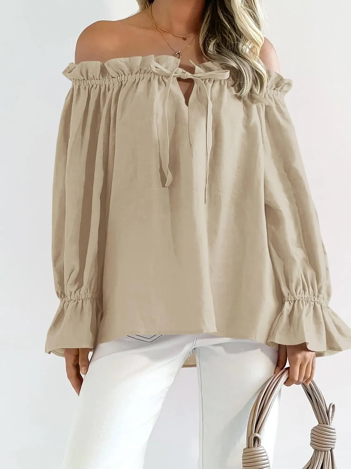 Imily Bela Womens Off The Shoulder Tops Puff Long Sleeve Tie Front Loose Fit Ruffle Shirts Blouses