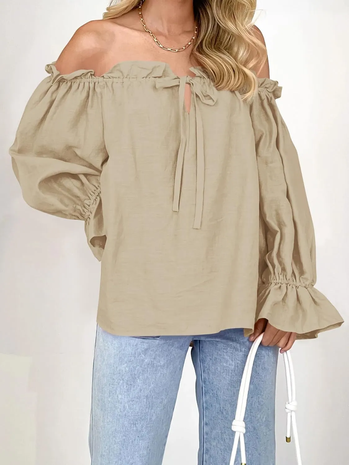 Imily Bela Womens Off The Shoulder Tops Puff Long Sleeve Tie Front Loose Fit Ruffle Shirts Blouses