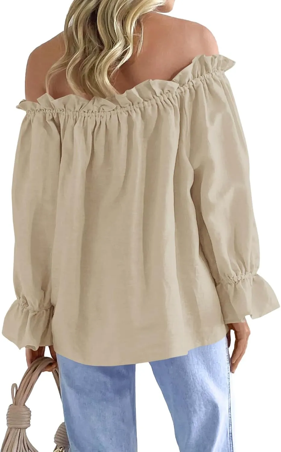 Imily Bela Womens Off The Shoulder Tops Puff Long Sleeve Tie Front Loose Fit Ruffle Shirts Blouses