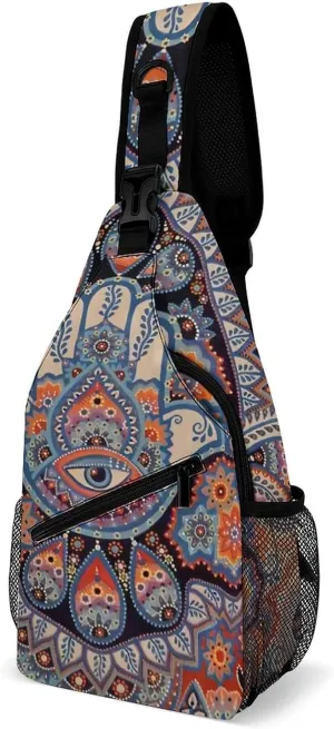Indian Fatima Hamsa Hand Evil Eye Sling Bags Men And Women Shoulder Backpack Chest Bag Cross Body Chest Sling Backpack., 15x8x4in