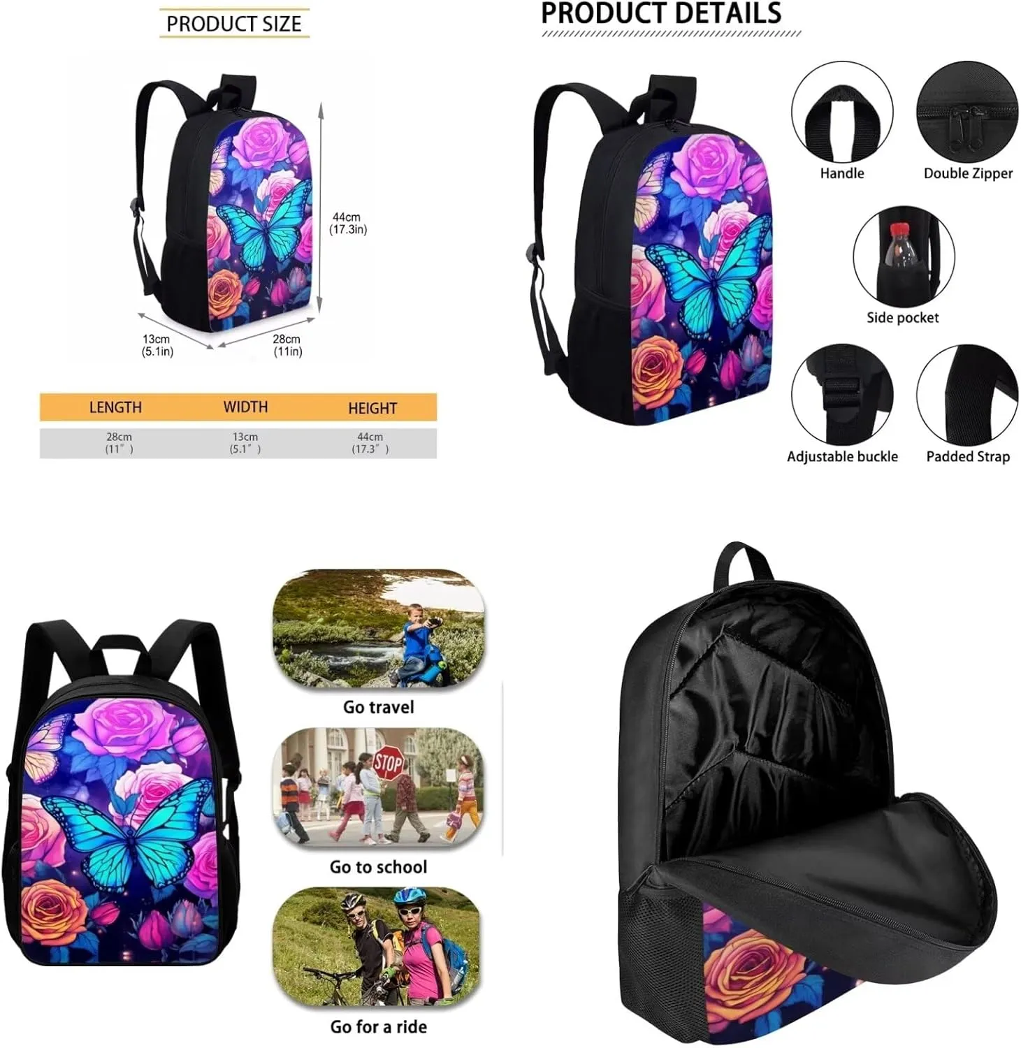 INSTANTARTS Blossom Purple Butterfly School Backpack with Lunchbox for Teens Girls 12-14 Middle Schoolbag Lightweight Student Hiking Rucksack Kids Shoulder Bookbag