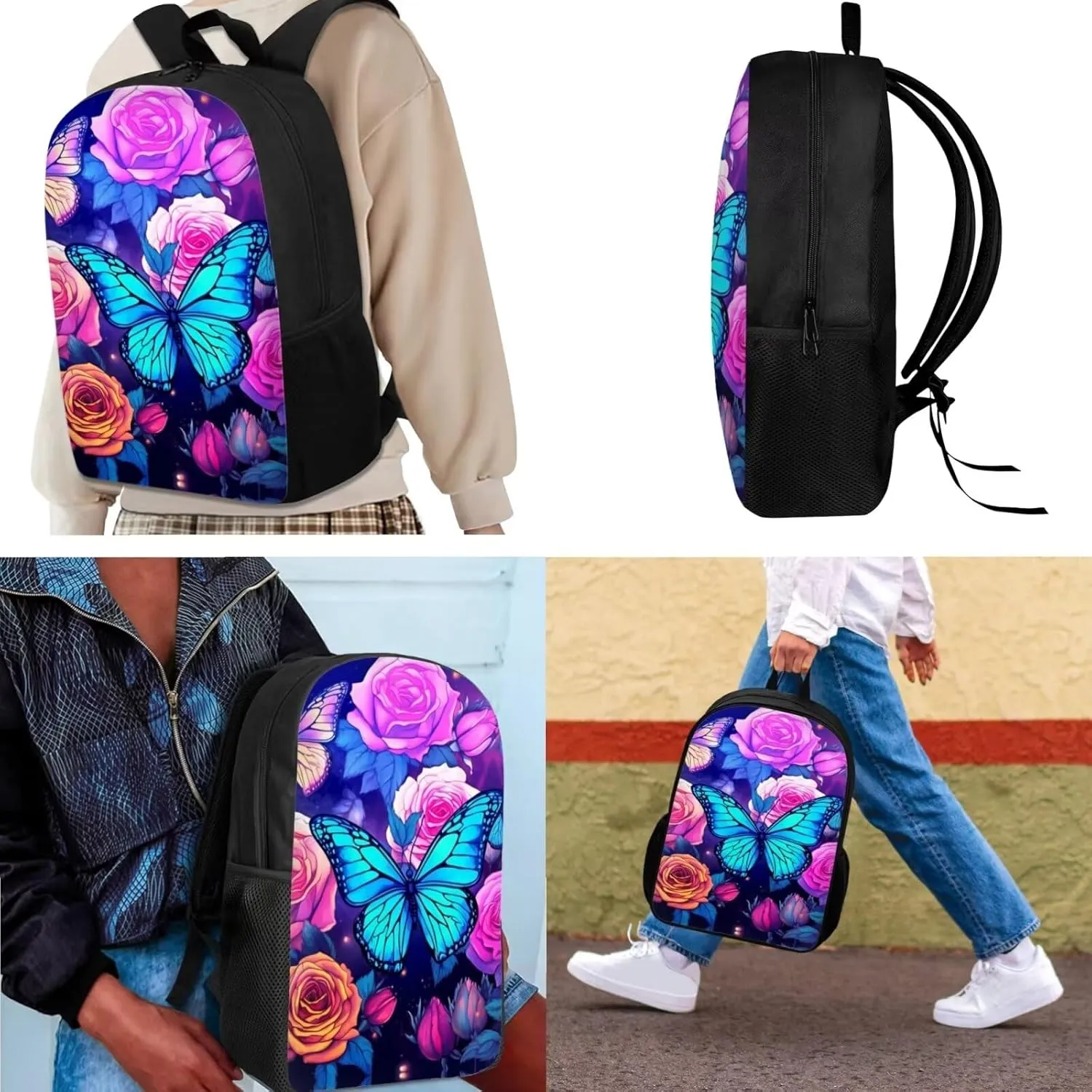 INSTANTARTS Blossom Purple Butterfly School Backpack with Lunchbox for Teens Girls 12-14 Middle Schoolbag Lightweight Student Hiking Rucksack Kids Shoulder Bookbag
