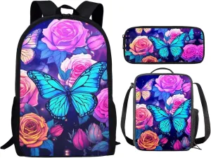 INSTANTARTS Blossom Purple Butterfly School Backpack with Lunchbox for Teens Girls 12-14 Middle Schoolbag Lightweight Student Hiking Rucksack Kids Shoulder Bookbag