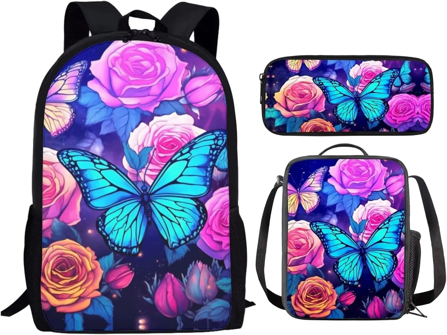 INSTANTARTS Blossom Purple Butterfly School Backpack with Lunchbox for Teens Girls 12-14 Middle Schoolbag Lightweight Student Hiking Rucksack Kids Shoulder Bookbag