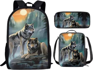 INSTANTARTS Cool Wolf Backpack with Lunchbox for Teens Boys 10-12 Large School Bags Middle School Backpack 3 In 1 High School Bags for Girls Lightweight Travel Shoulder Bags