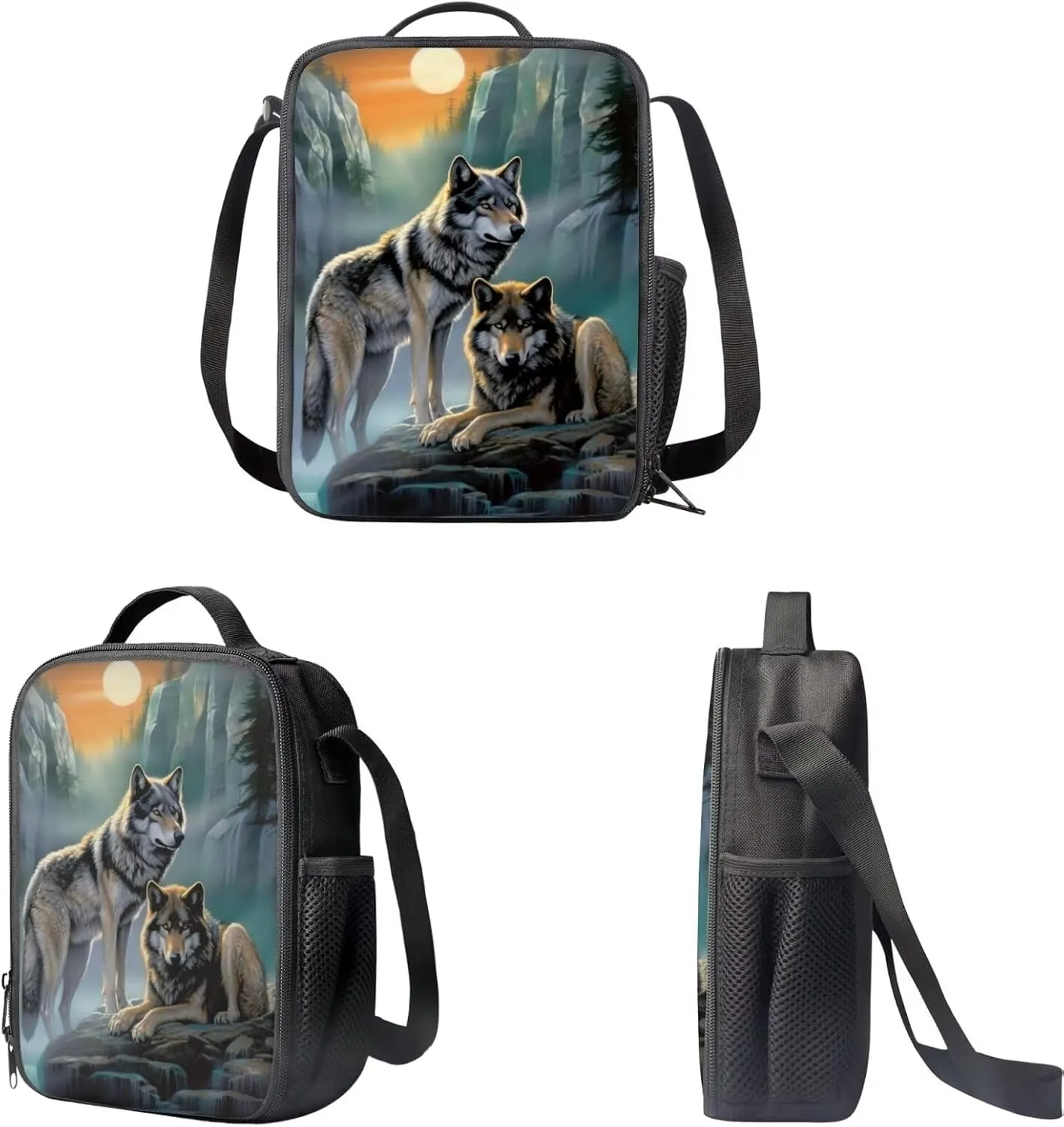 INSTANTARTS Cool Wolf Backpack with Lunchbox for Teens Boys 10-12 Large School Bags Middle School Backpack 3 In 1 High School Bags for Girls Lightweight Travel Shoulder Bags