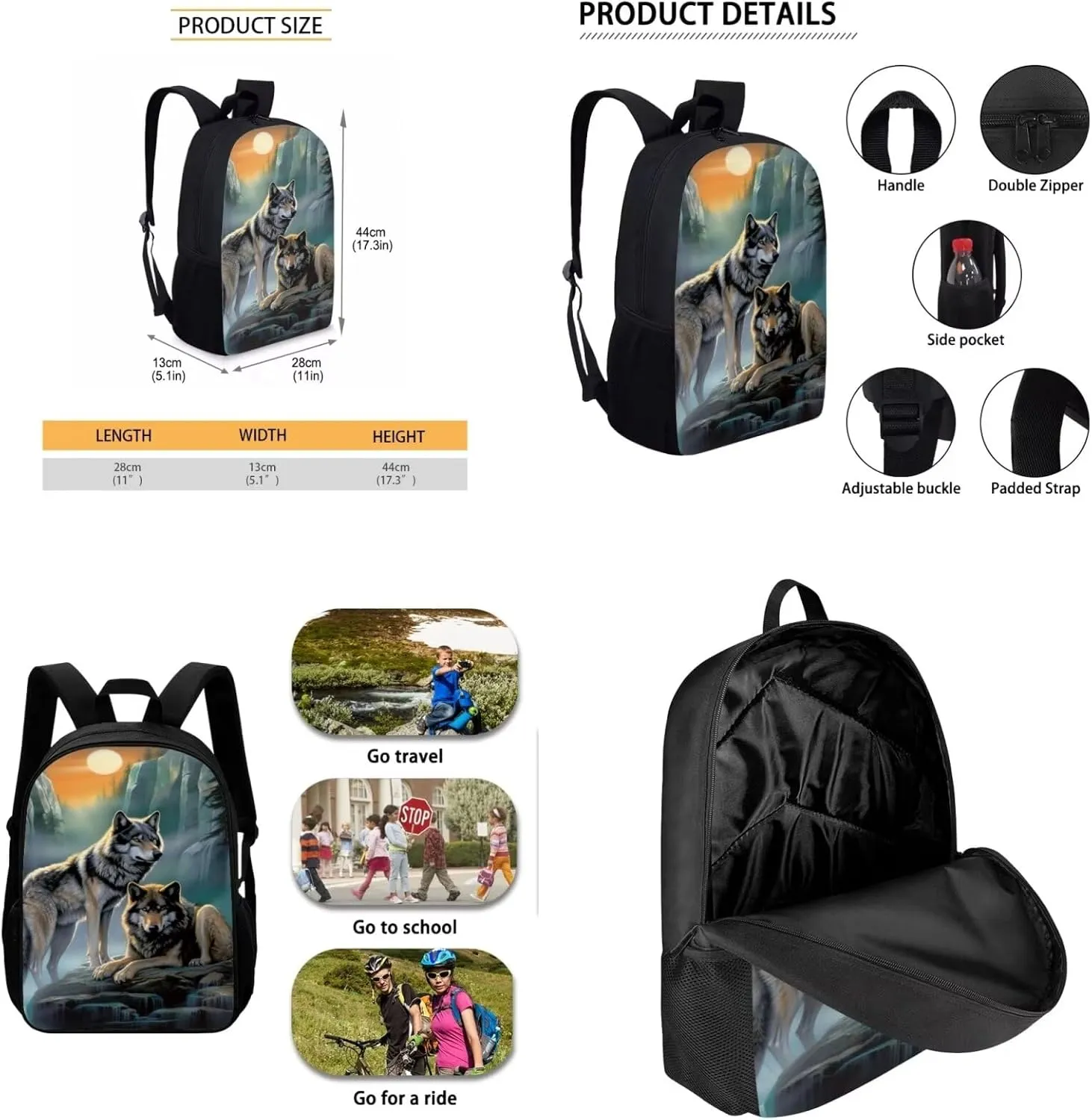 INSTANTARTS Cool Wolf Backpack with Lunchbox for Teens Boys 10-12 Large School Bags Middle School Backpack 3 In 1 High School Bags for Girls Lightweight Travel Shoulder Bags
