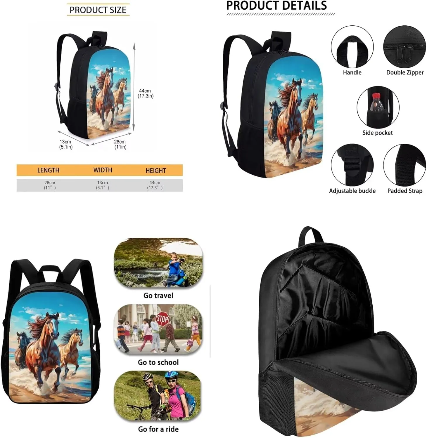 INSTANTARTS Running Horse Kids Backpack with Lunchbox and Pencil Case 3 In 1 Large Schoolbag 8-12 Children's Bookbag for Boys Girls Hiking Daypack Travel Shoulder Bag