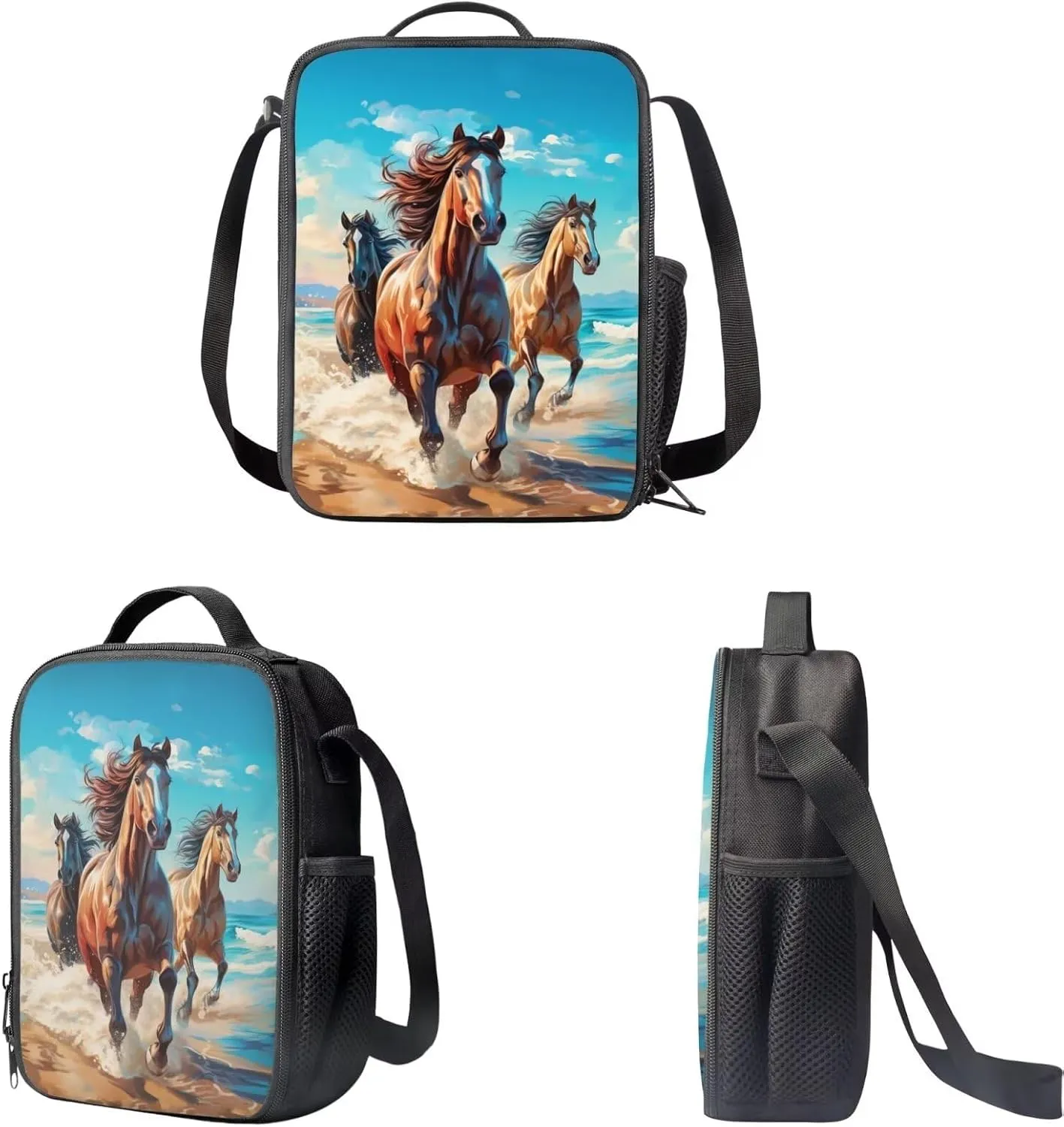 INSTANTARTS Running Horse Kids Backpack with Lunchbox and Pencil Case 3 In 1 Large Schoolbag 8-12 Children's Bookbag for Boys Girls Hiking Daypack Travel Shoulder Bag