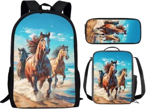 INSTANTARTS Running Horse Kids Backpack with Lunchbox and Pencil Case 3 In 1 Large Schoolbag 8-12 Children's Bookbag for Boys Girls Hiking Daypack Travel Shoulder Bag