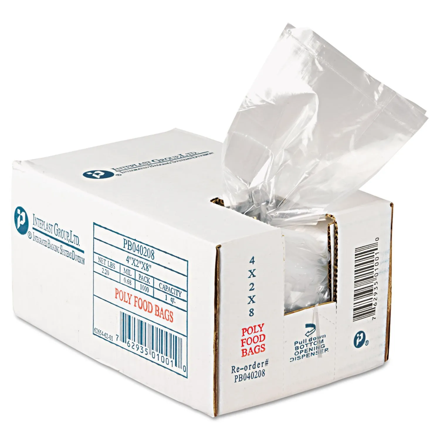 Inteplast Group IBS PB040208 Get Reddi Food & Utility Poly Bag, 4" x 2" x 8", 1 pt, 0.68mil, Clear, 1000 Bags
