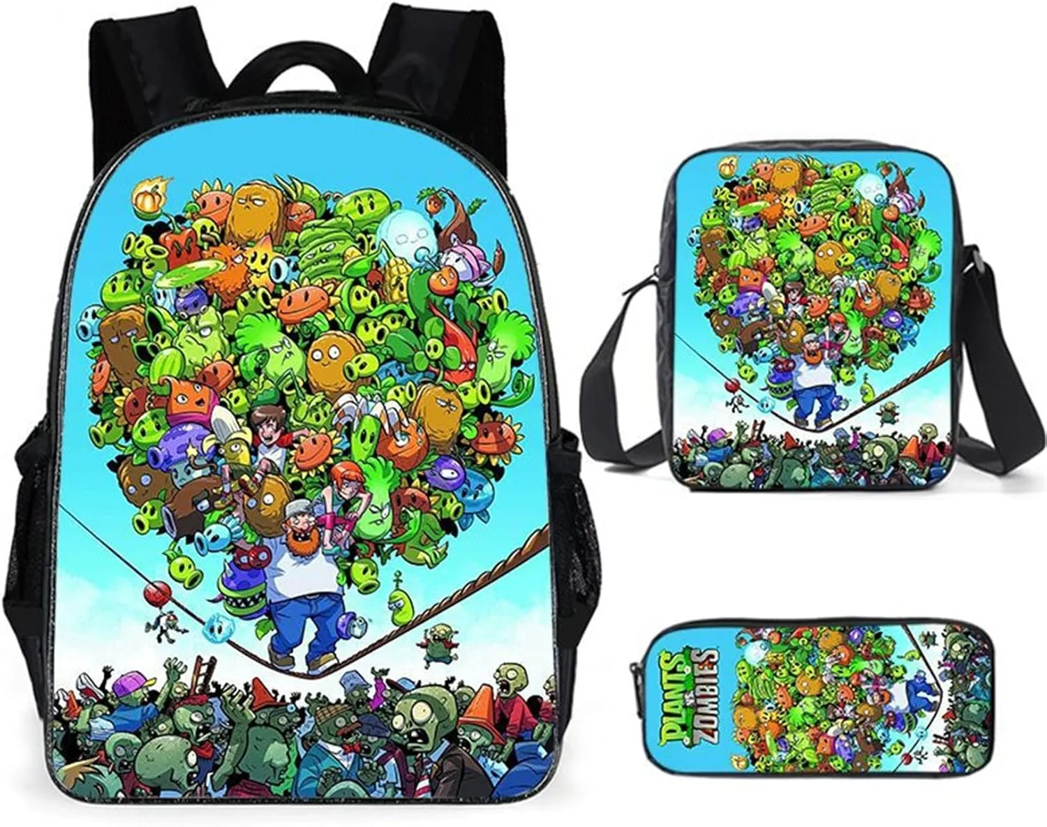 ISaikoy 3 in 1 Anime Plants vs. Zombies Backpack Bookbag School Bag Shoulder Bag Messenger Bag Pencil Bag 8