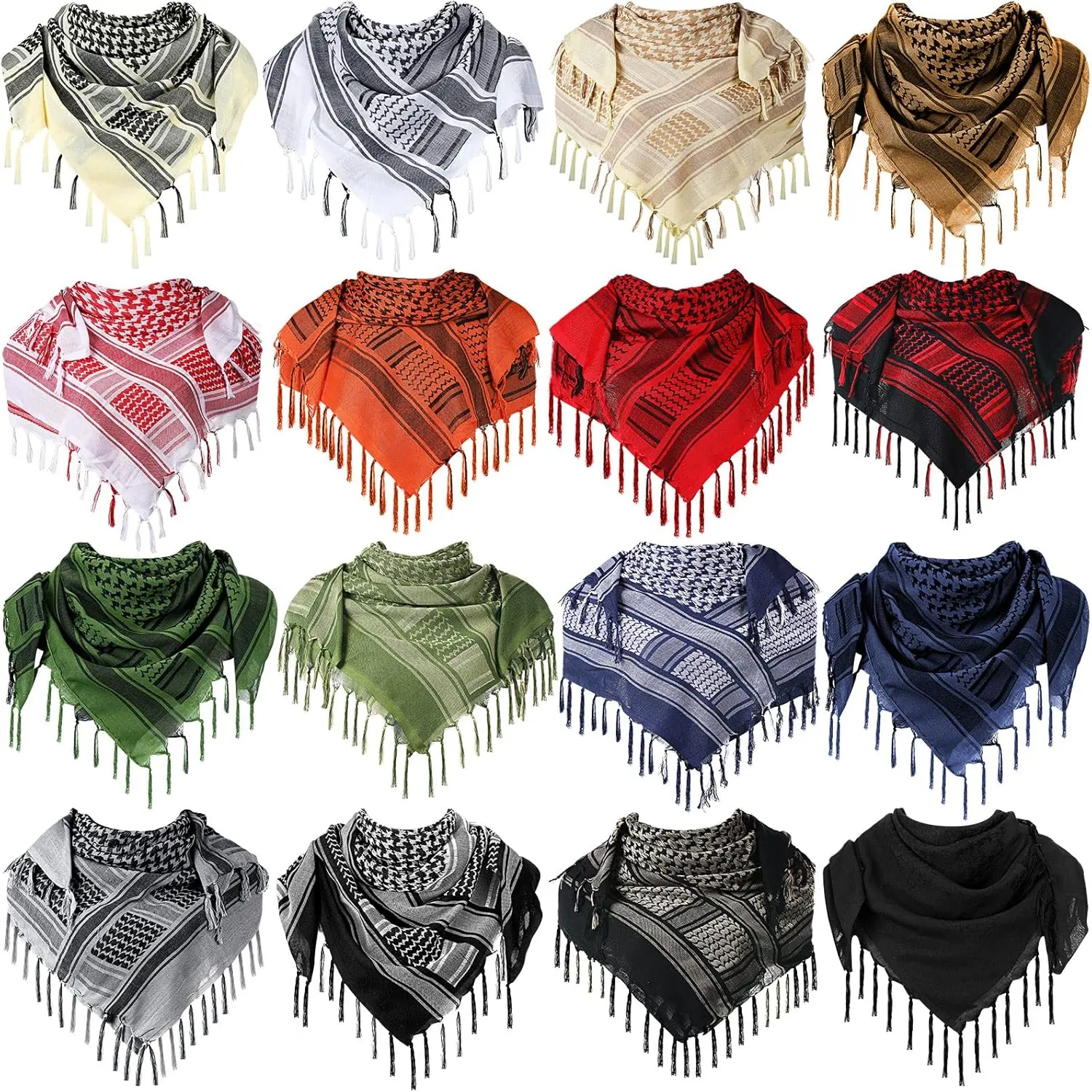 Janmercy 16 Pcs Military Shemagh Tactical Desert Scarf Keffiyeh Head Neck Scarf Motorcycle Face Mask Biker Head Neck Scarf Cotton Arab Wrap with Tassel for Men Women 43 x 43 Inch, 16 Colors