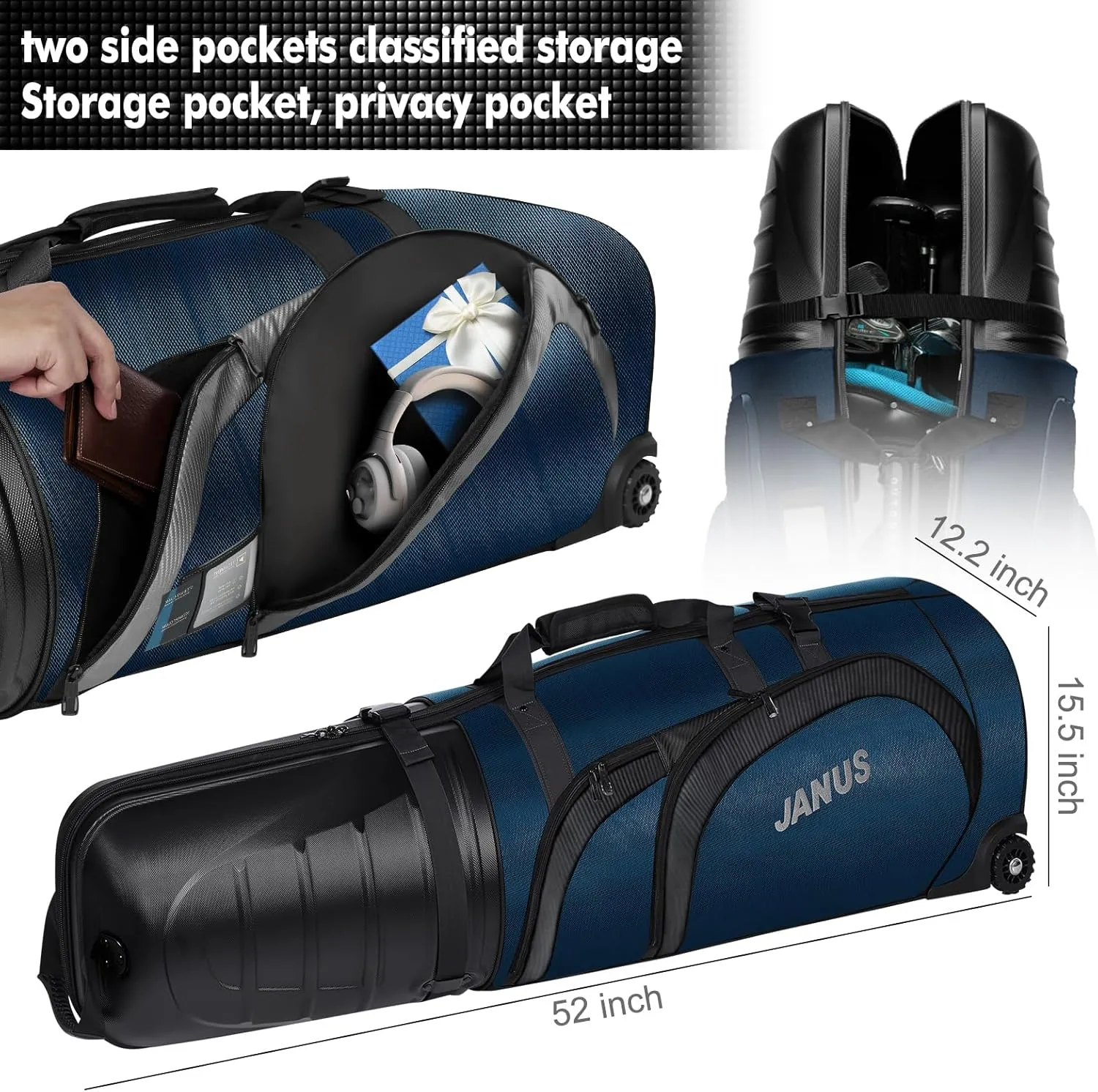 JANUS Golf Travel Bags for Airlines with Wheels, Hard Case Top and 1980D Heavy Duty Oxford Protect Golf Clubs, Lightweight and Easy to Maneuver