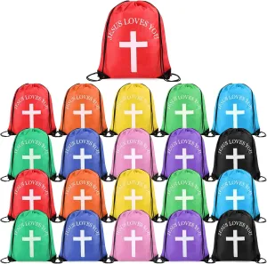 Jesus Loves You Drawstring Backpack Bulk Easter Church Gifts Christian Religious Gift Bag Polyester Backpack (Multicolor,20 Pcs)