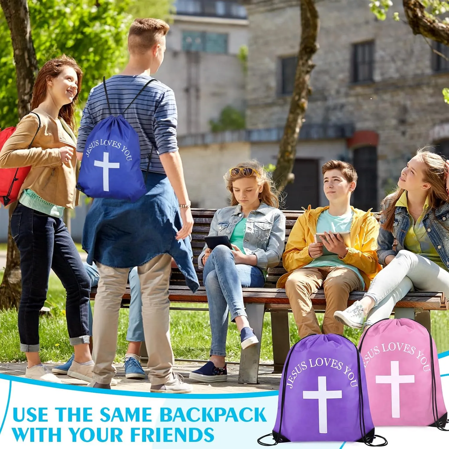 Jesus Loves You Drawstring Backpack Bulk Easter Church Gifts Christian Religious Gift Bag Polyester Backpack(Multicolor,10 Pcs)