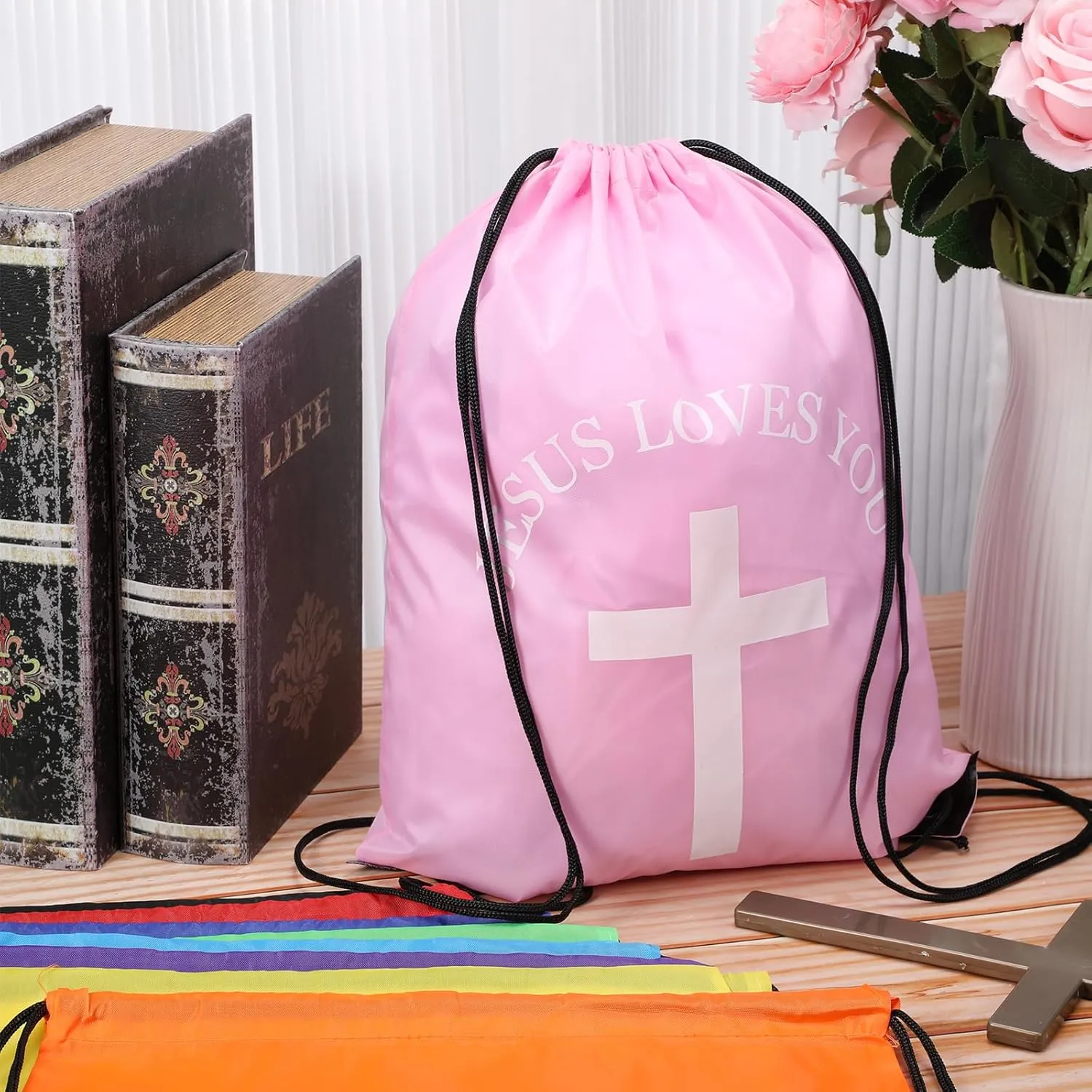 Jesus Loves You Drawstring Backpack Bulk Easter Church Gifts Christian Religious Gift Bag Polyester Backpack(Multicolor,10 Pcs)