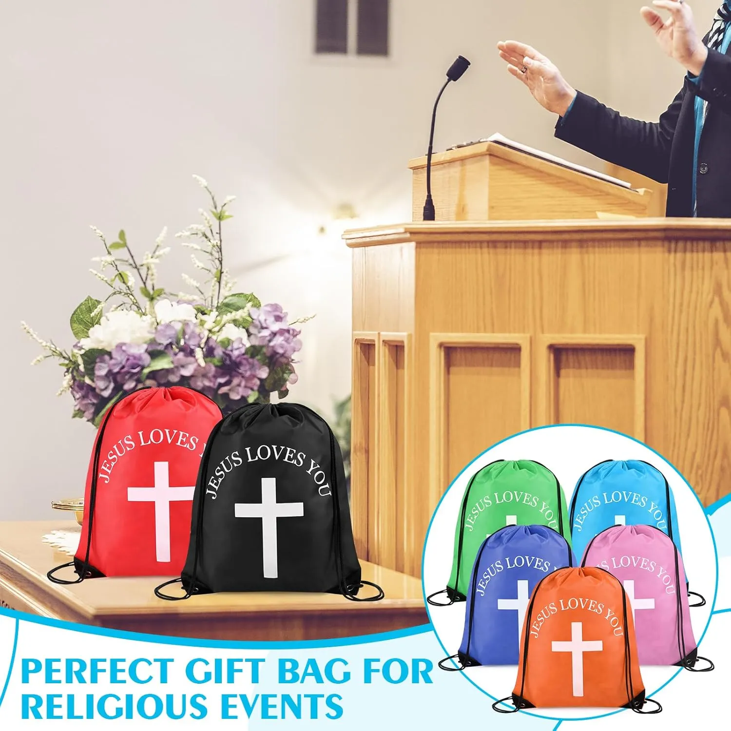 Jesus Loves You Drawstring Backpack Bulk Easter Church Gifts Christian Religious Gift Bag Polyester Backpack(Multicolor,10 Pcs)