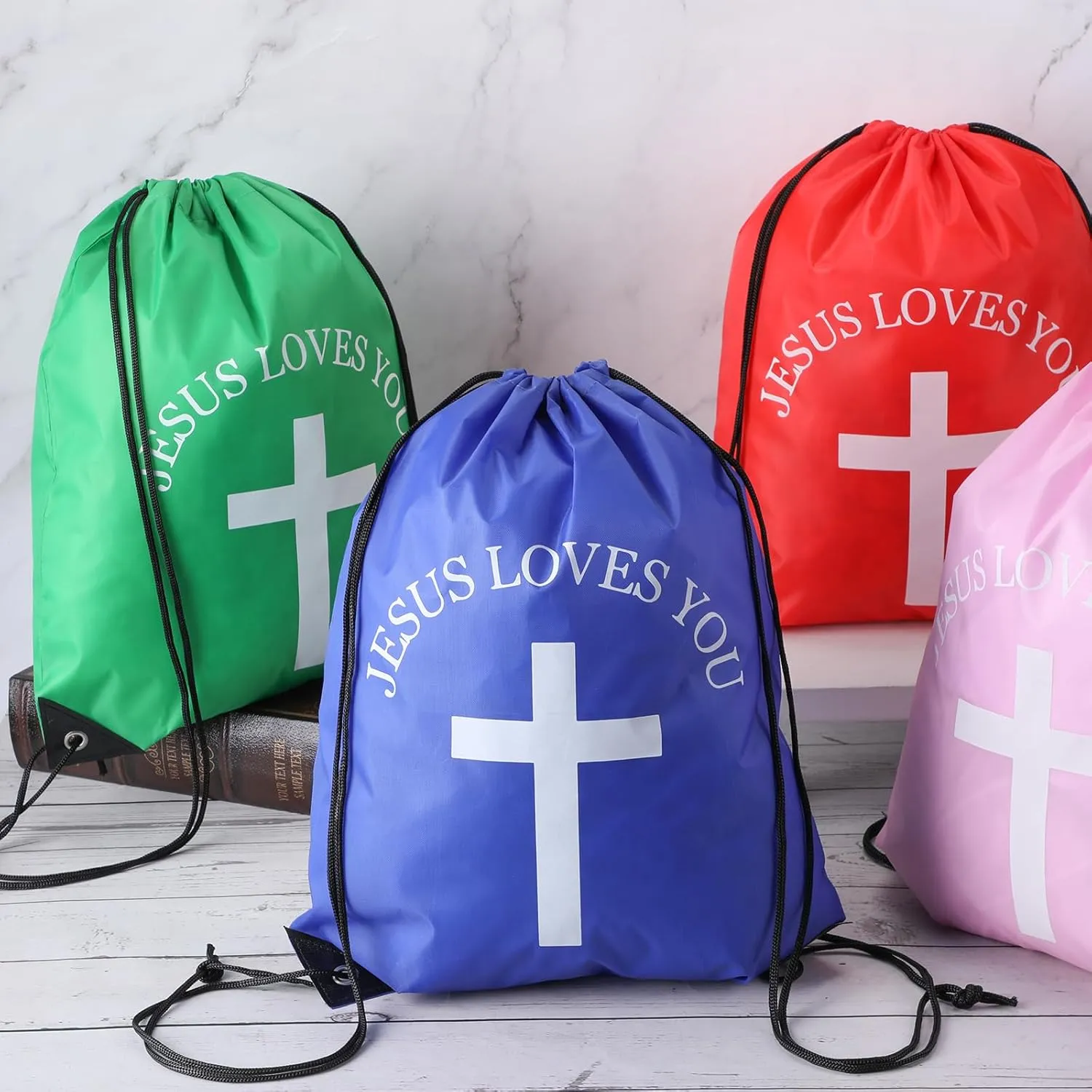 Jesus Loves You Drawstring Backpack Bulk Easter Church Gifts Christian Religious Gift Bag Polyester Backpack(Multicolor,10 Pcs)