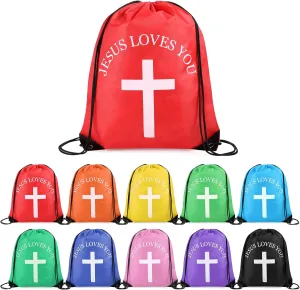 Jesus Loves You Drawstring Backpack Bulk Easter Church Gifts Christian Religious Gift Bag Polyester Backpack(Multicolor,10 Pcs)