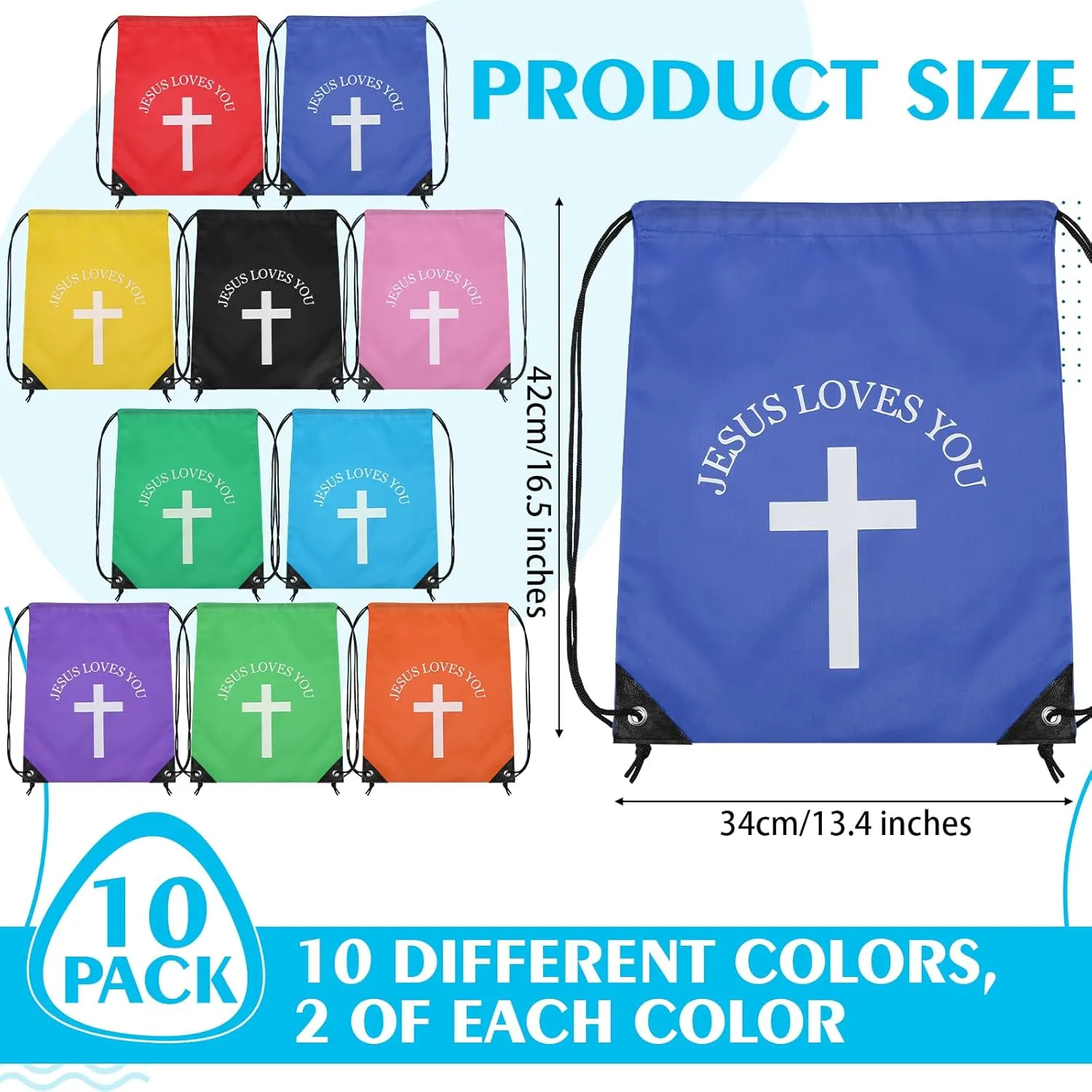 Jesus Loves You Drawstring Backpack Bulk Easter Church Gifts Christian Religious Gift Bag Polyester Backpack(Multicolor,10 Pcs)
