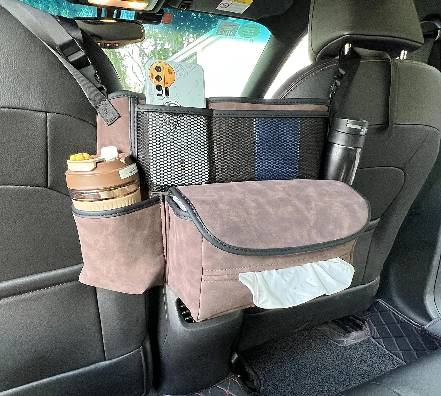 JEYODA Car Suede Seat Organizer High-capacity Seat Back Pouch Central Storage for Pickup SUVs Double-sided Tissue Storage Handbag Holder Car Accessories (Brown)