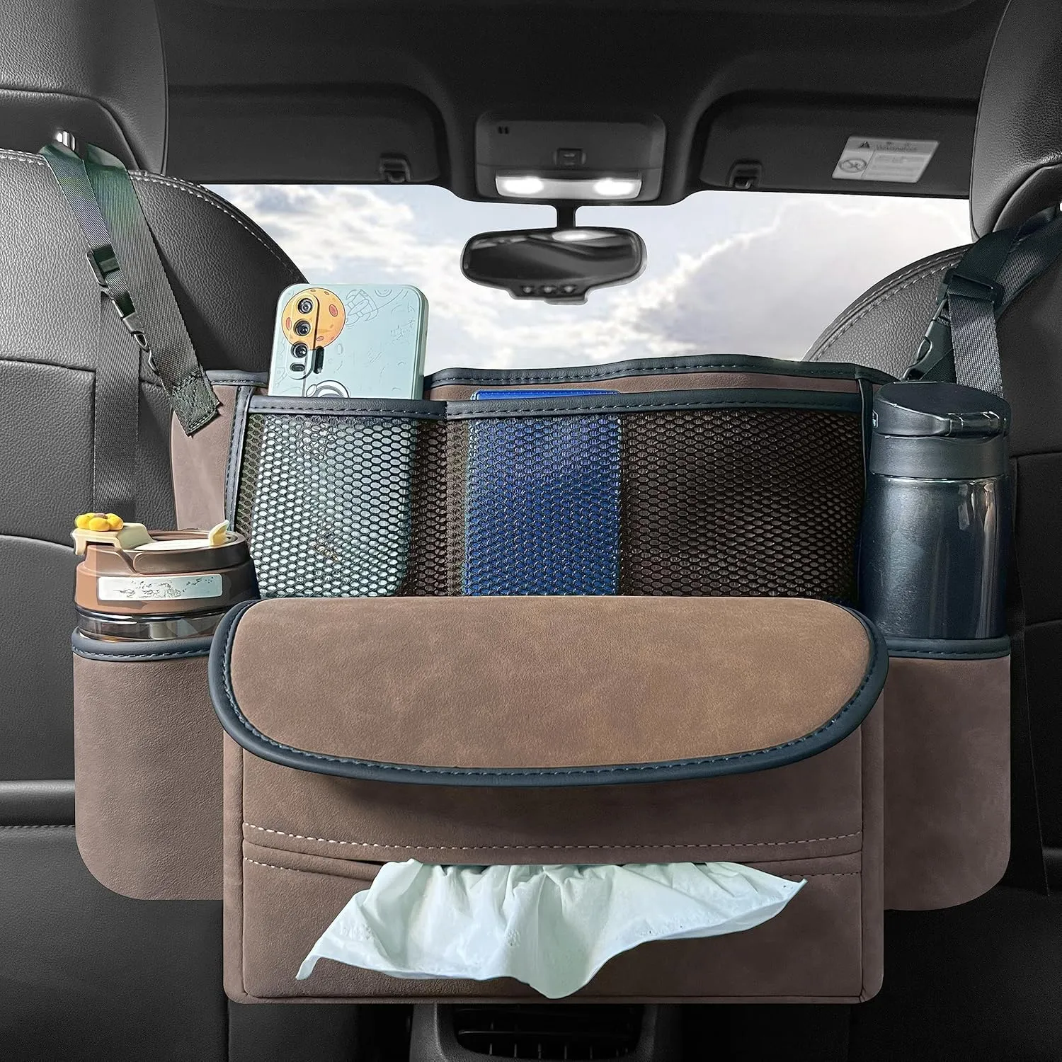 JEYODA Car Suede Seat Organizer High-capacity Seat Back Pouch Central Storage for Pickup SUVs Double-sided Tissue Storage Handbag Holder Car Accessories (Brown)