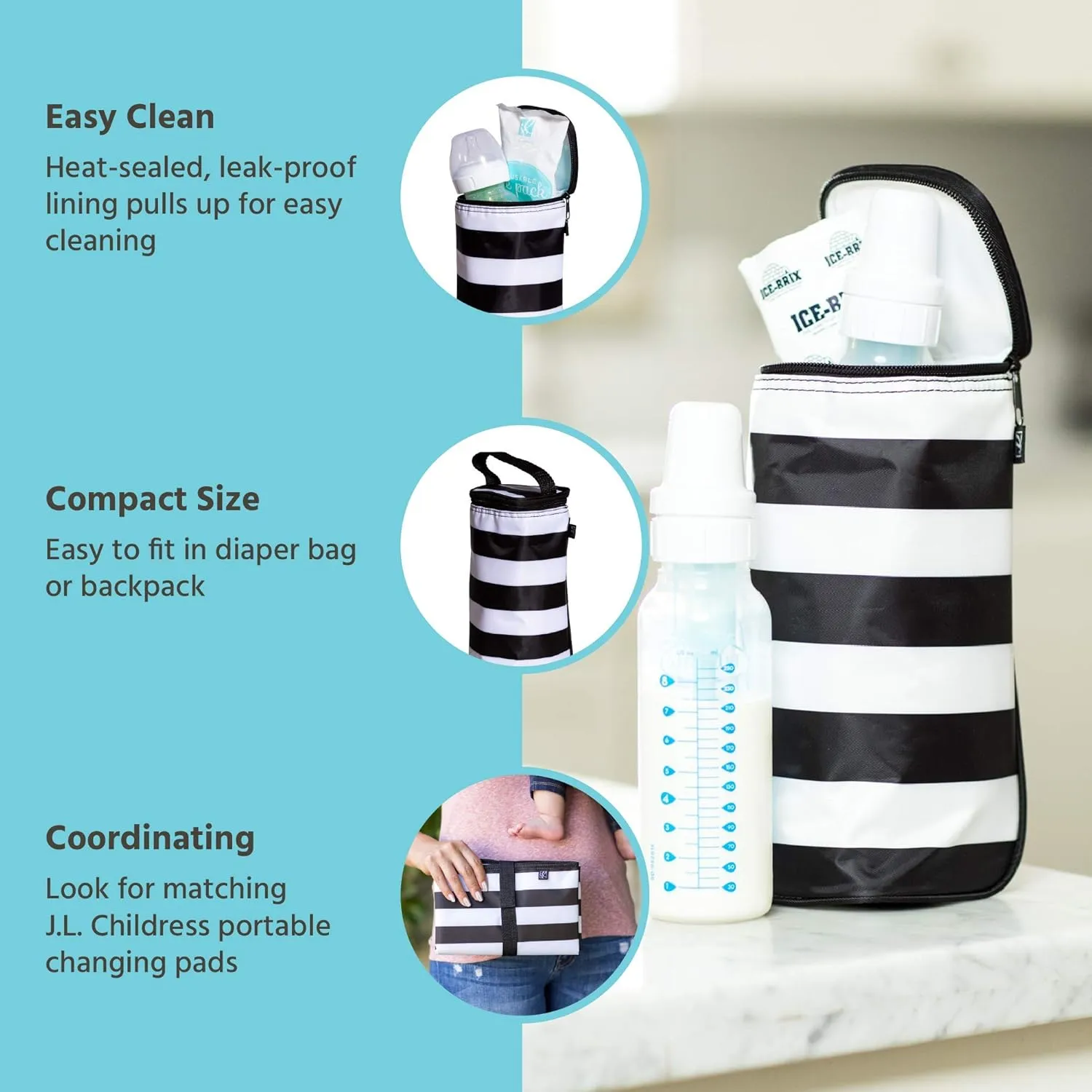 J.L. Childress Breastmilk Cooler Bag - Ice Pack Included - Insulated & Leak Proof Newborn Bottle Bag - Fits 1-2 Bottles - Bottle Bag for Daycare - Breastmilk Cooler Bag for Travel - Black Stripe