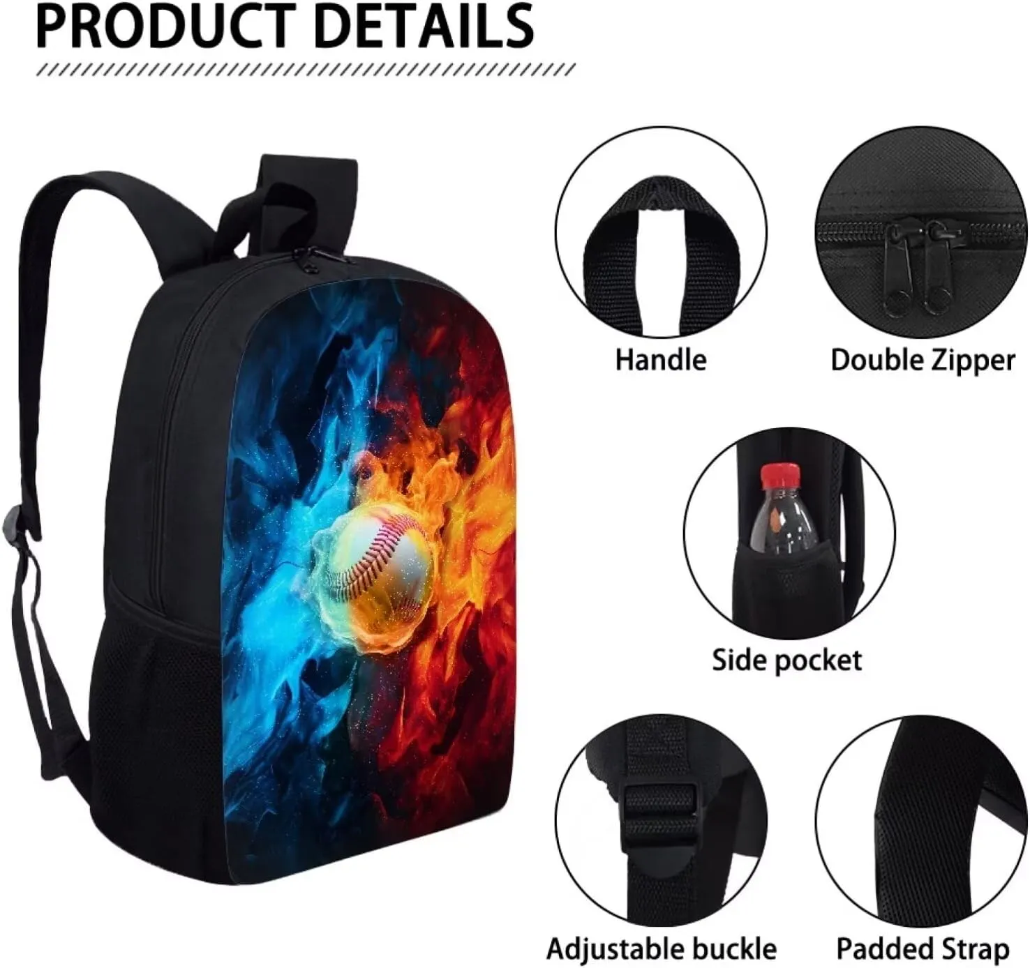 JoyLamoria Fire Baseball Shoulder BAG Travel Backpack Big Purse for Women Handbag Tote Bag Zipper Pouch