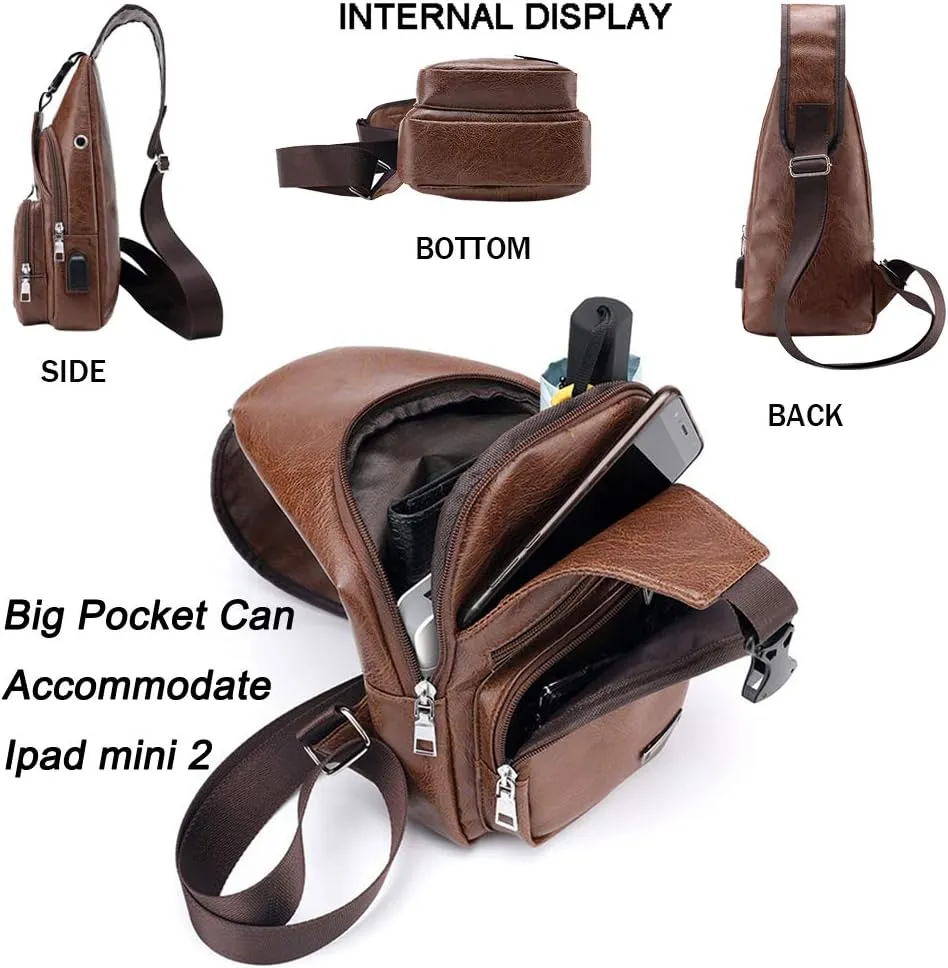JUMO CYLY Mens Sling Bag, Leather Sling Bag with USB Charging Port Waterproof Casual Daypack Chest Crossbody Bag