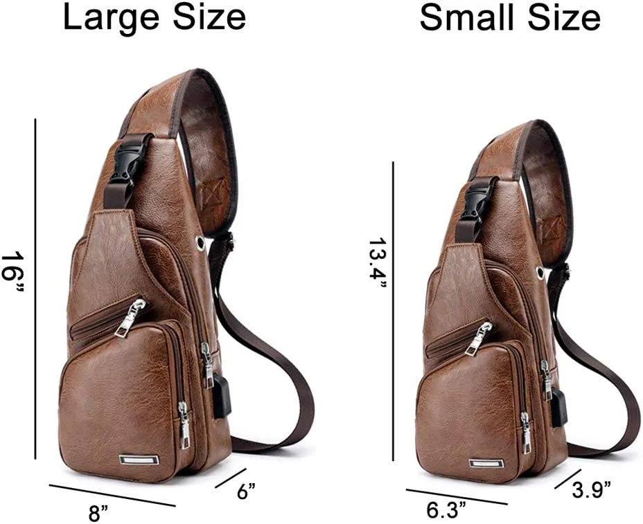JUMO CYLY Mens Sling Bag, Leather Sling Bag with USB Charging Port Waterproof Casual Daypack Chest Crossbody Bag