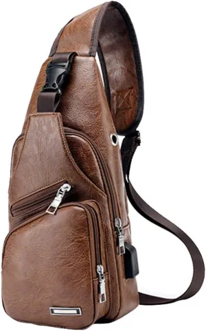 JUMO CYLY Mens Sling Bag, Leather Sling Bag with USB Charging Port Waterproof Casual Daypack Chest Crossbody Bag