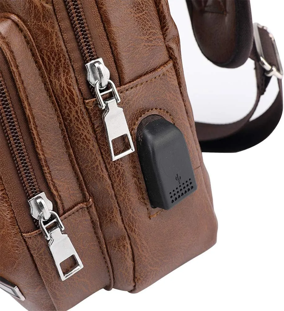 JUMO CYLY Mens Sling Bag, Leather Sling Bag with USB Charging Port Waterproof Casual Daypack Chest Crossbody Bag