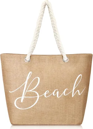 Jute Beach Tote Bag for Woman Boho Beach Shoulder Bag with Cotton Handles Modern Waterproof Handbag for Women Vacation Sea Travel Summer Holiday Trip Picnic