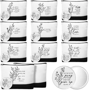 Kacctyen 20 Pcs Christian Gifts for Women Bulk 10 Inspirational Religious Canvas Makeup Bags with 10 Mini Bible Verse Compact Mirrors for Church Mom Pastor Sunday School Study Office(Aesthetic)